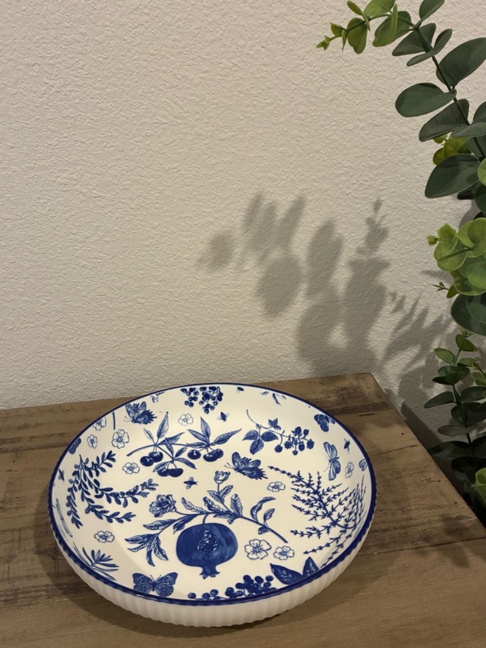White with Vibrant Blue Print Pasta Bowl.